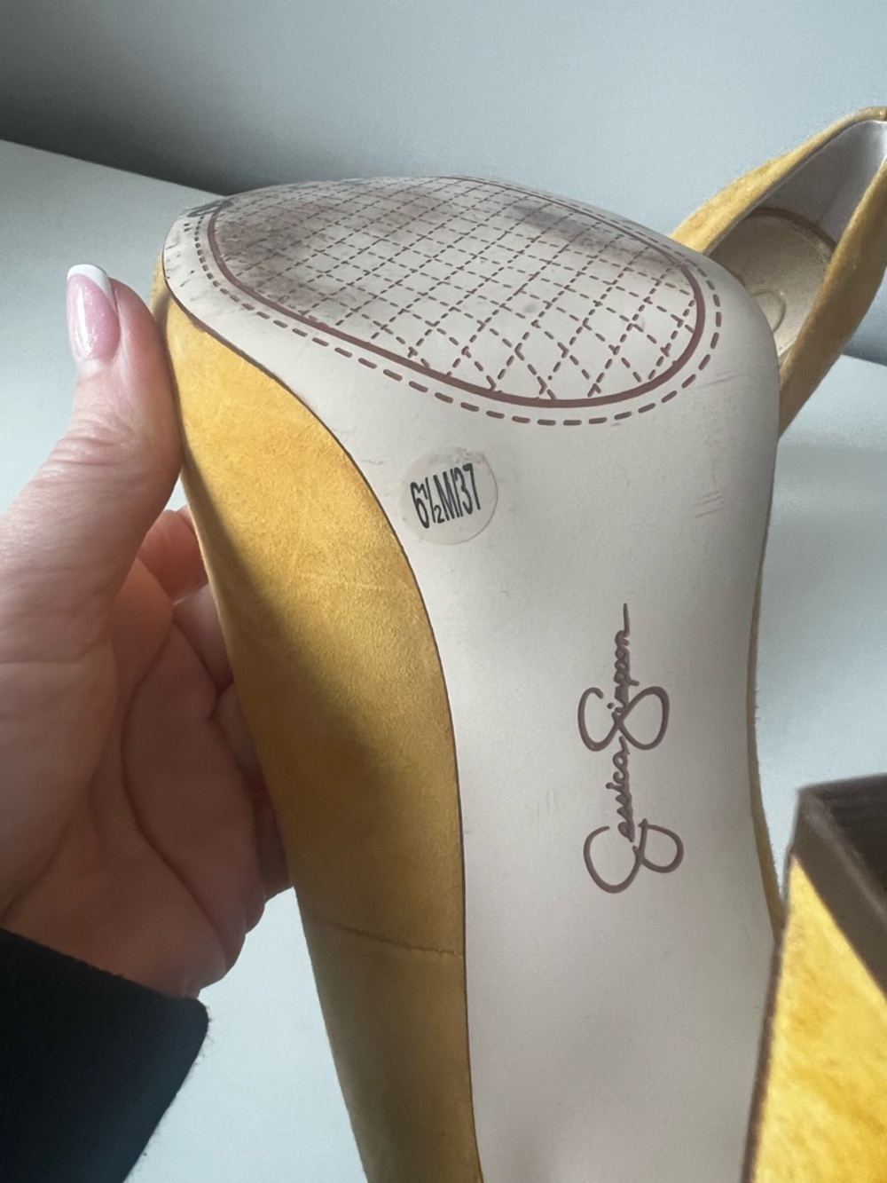 Jessica Simpson Mustard Suede Peep-Toe Block Heels - Picture 5 of 5